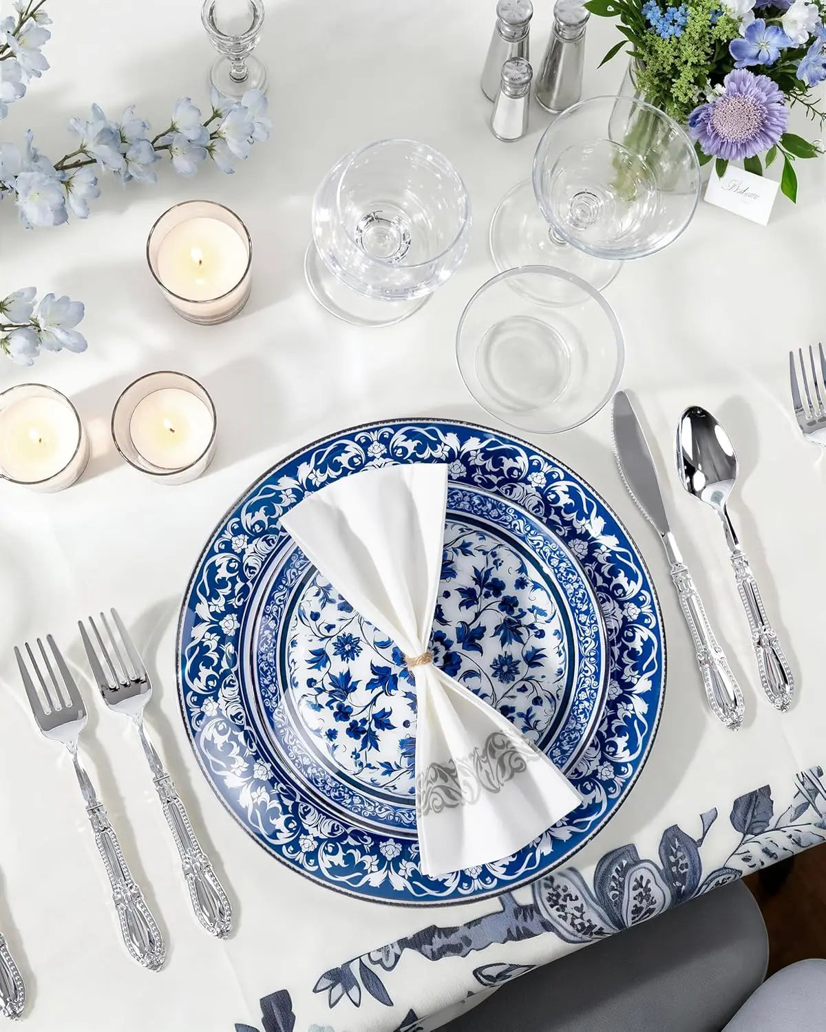 60pcs Blue Plastic Plates Set - Floral Blue & White Porcelain Design, 10.25" Dinner & 7.5" Dessert Plates Disposable for Wedding