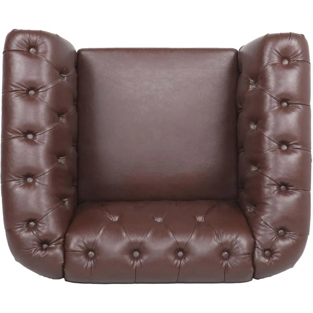 Leather Chesterfield Chair, Mid-Century Modern Single Sofa Chair, Tufted Upholstered Rolled Armchair for Home Bedroom Reading R