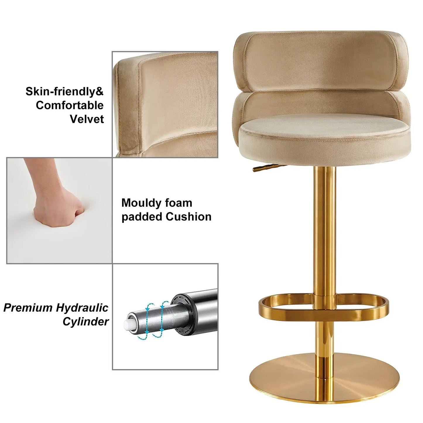 Modern  Single Velvet Upholstered Counter Stool with Gold Metal Leg and Foot Rest Premium Flannel Comfortable, Customized
