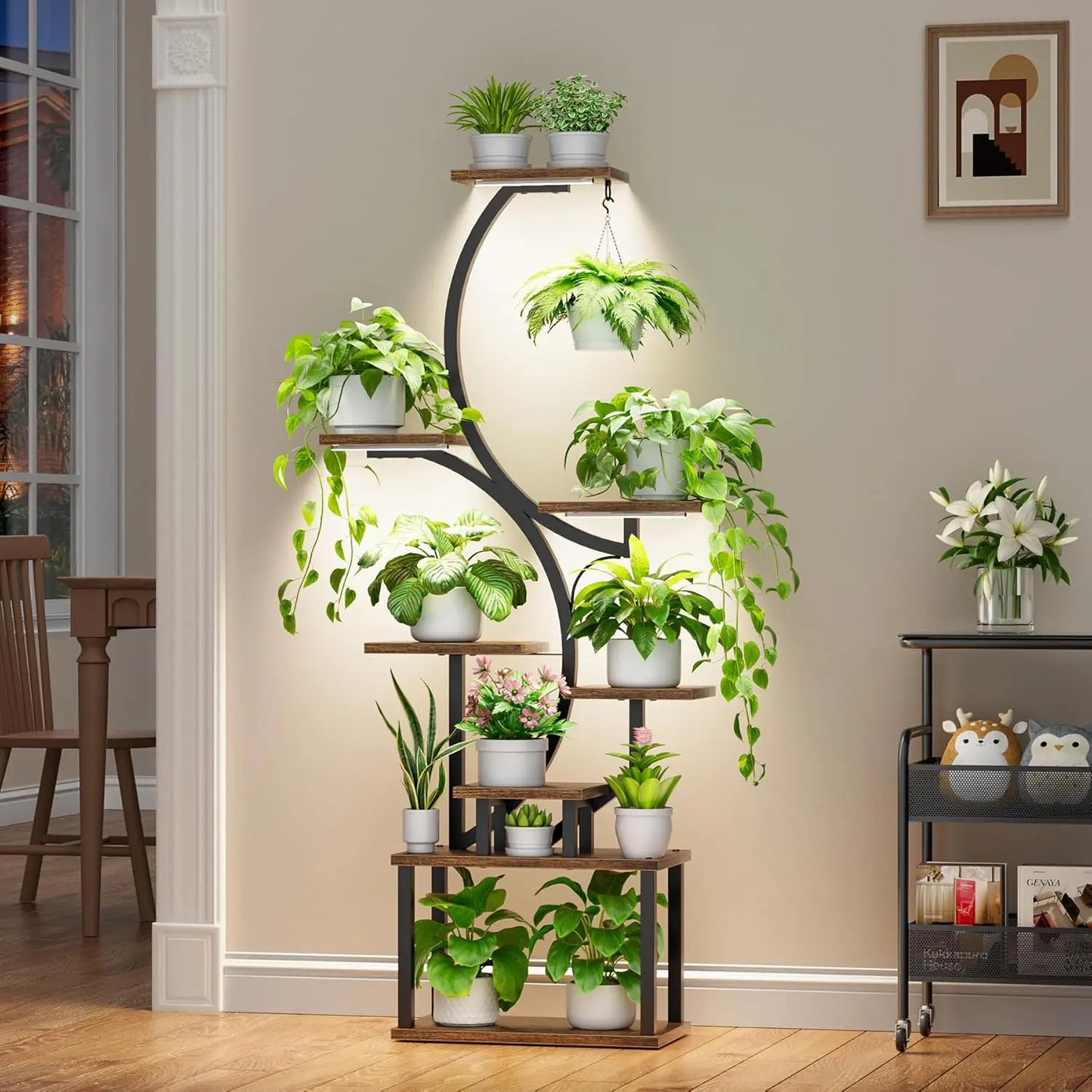 Indoor Plant Stand with Grow Lights 62 Inch Tall, 8 Tier Lighted Corner Shelf for Indoor Plants, Large Flower Holder Brown