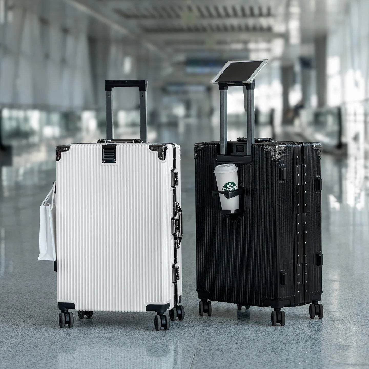 2-Pieces set luggage,20+26 inches in size,a hard-shell suitcase with 108 rivets, , featuring silent all-terrain wheels, a cup holde