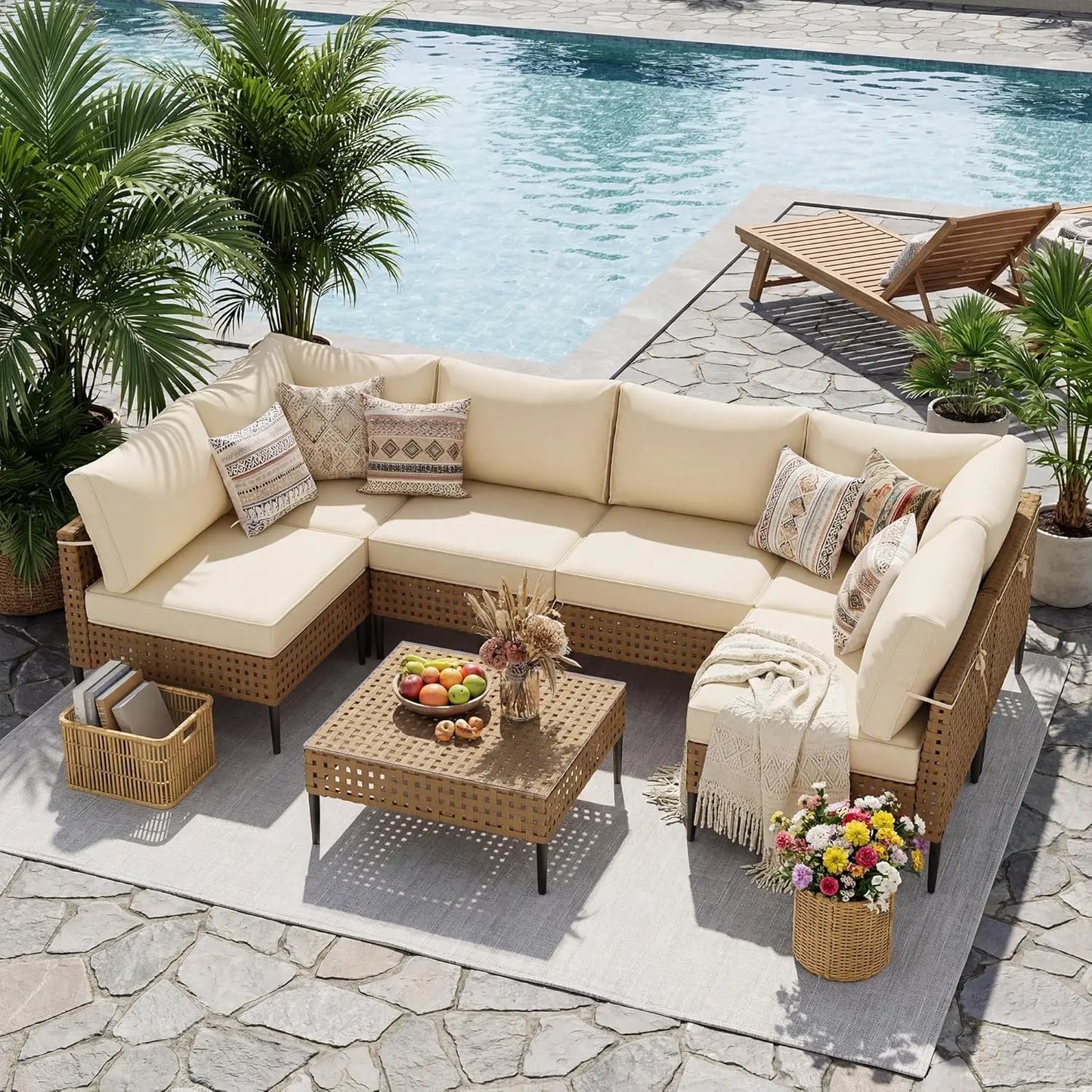 Wicker Patio Furniture Set, 7-Piece Modular Outdoor Furniture Set, High-Leg Design Sectional Patio Sofa with Glass, Customized
