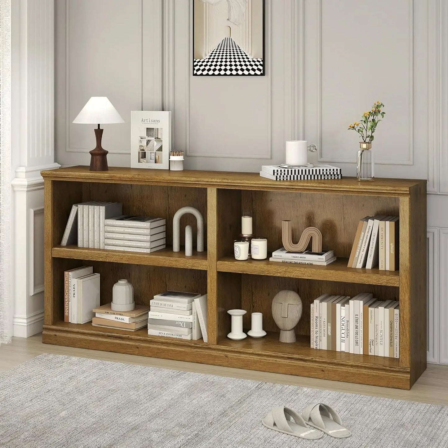 Double Wide Open Shelf Bookcase - 2 Tiers 4 Storage Cube Adjustable Space Book Case, Display Cabinet Organizer with, Customized