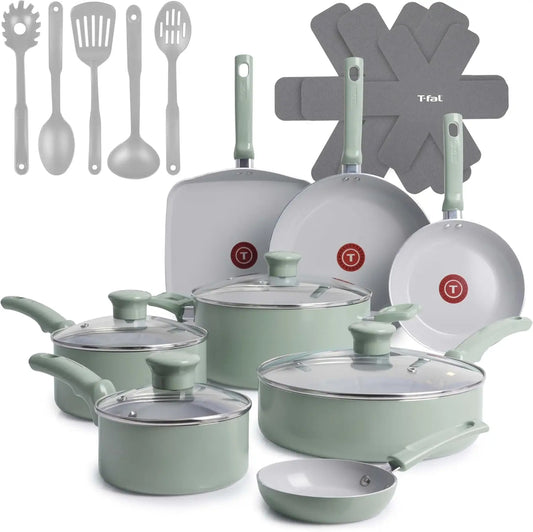 20-Piece Ceramic Nonstick Cookware Set, Oven Safe to 350°F, Includes Pots, Pans, Griddle & Utensils in Mint Green