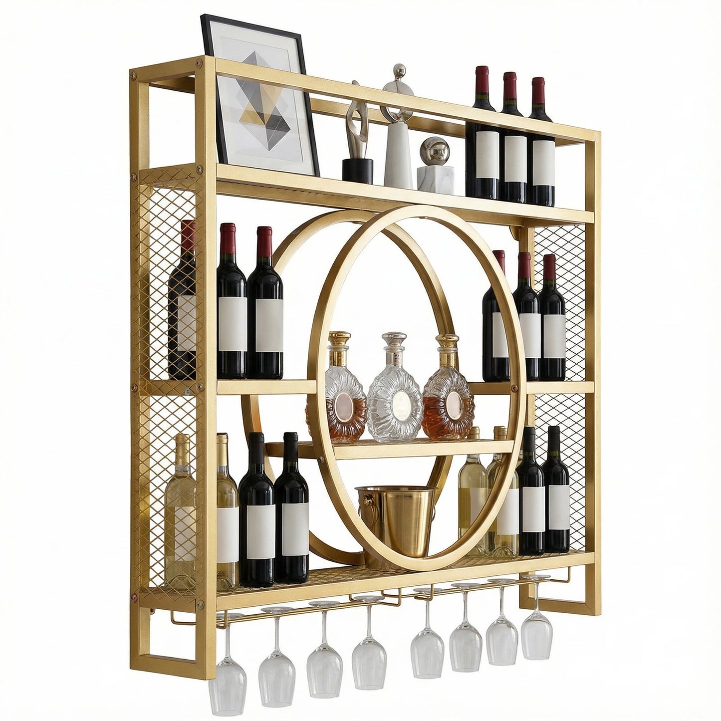 Large Capacity Modern Liquor Shelves Metal Wall Mounted Wine Rack 3 Tier with LED Light with Wine Glass Holder for Home Cellar