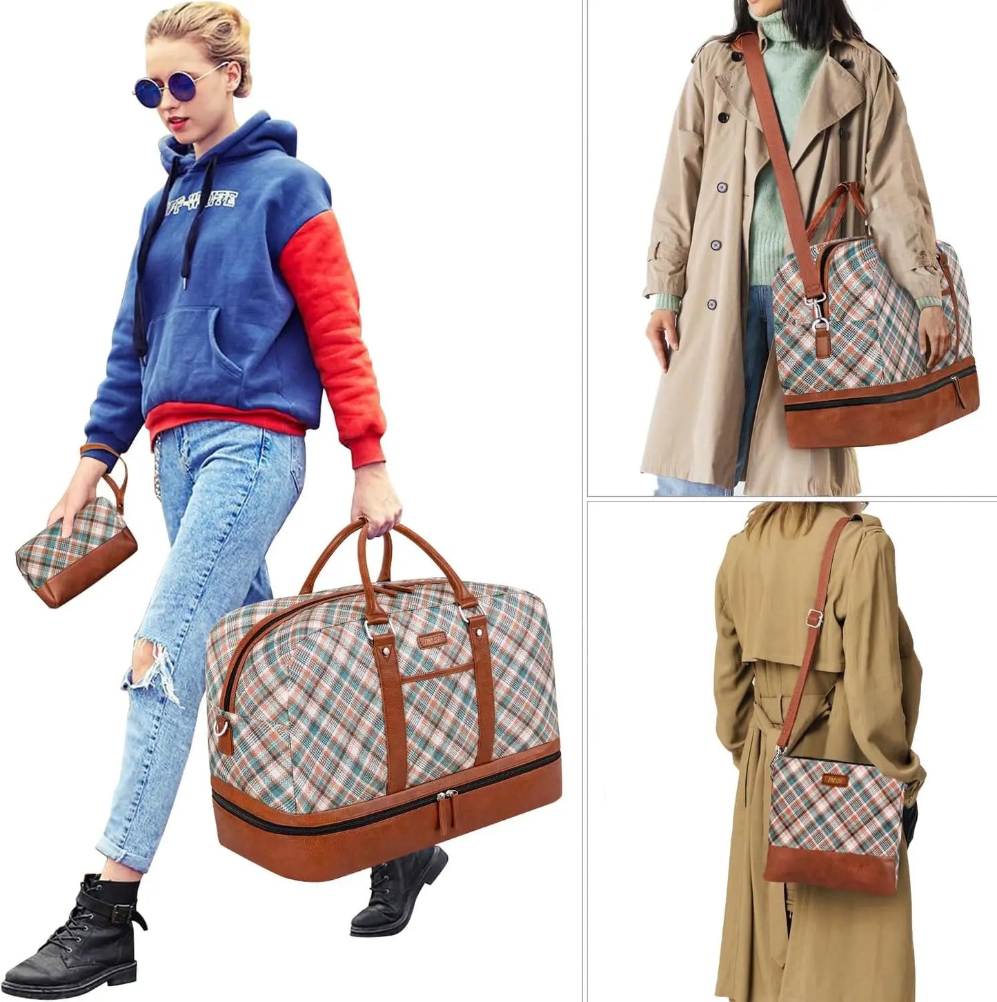 Women's Large Canvas Weekender Bag with Shoe Compartment, 21" 3-Piece Travel Set