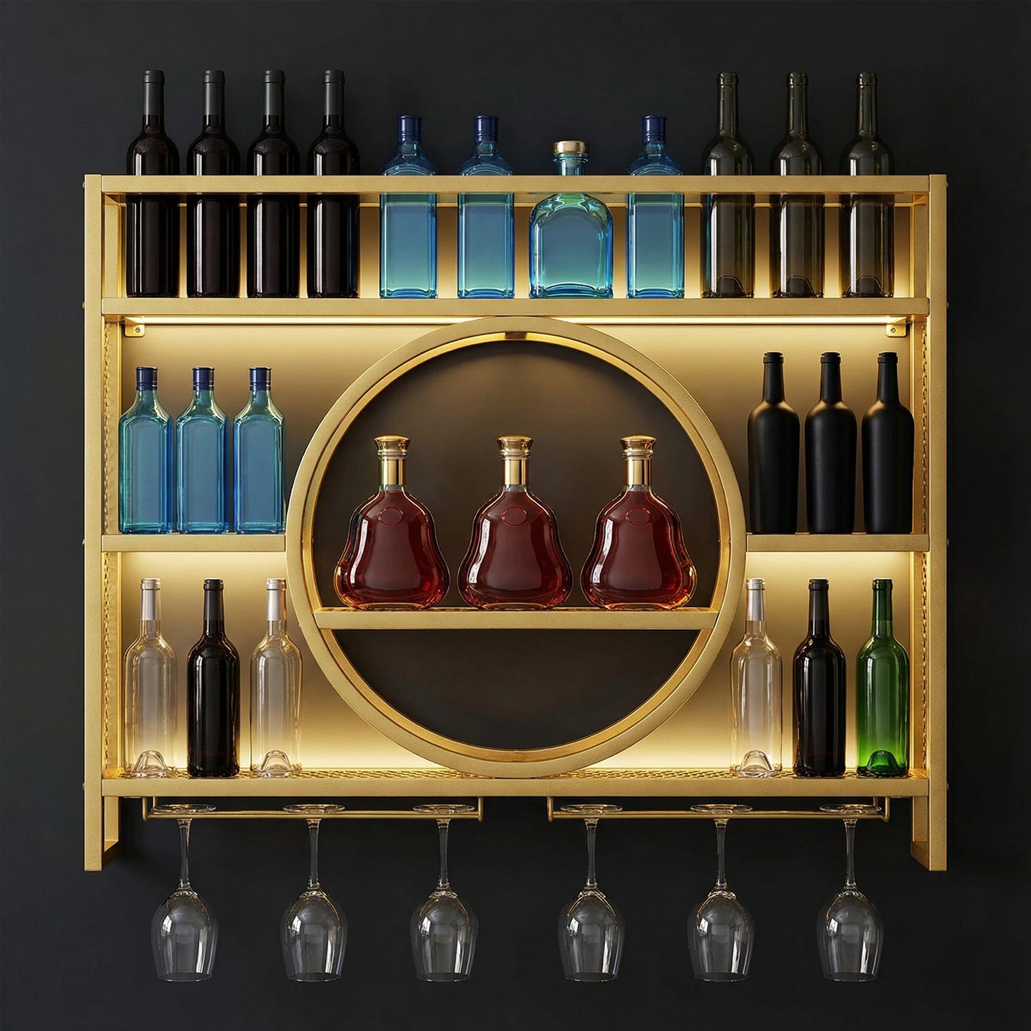 Large Capacity Modern Liquor Shelves Metal Wall Mounted Wine Rack 3 Tier with LED Light with Wine Glass Holder for Home Cellar