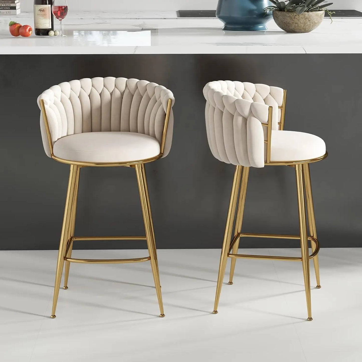 Gold Bar Stools Set of 2, Velvet Hand-Woven Barstools, Seat Height 27″ Counter Stools with Upholstered Backrest, Modern Luxuriou
