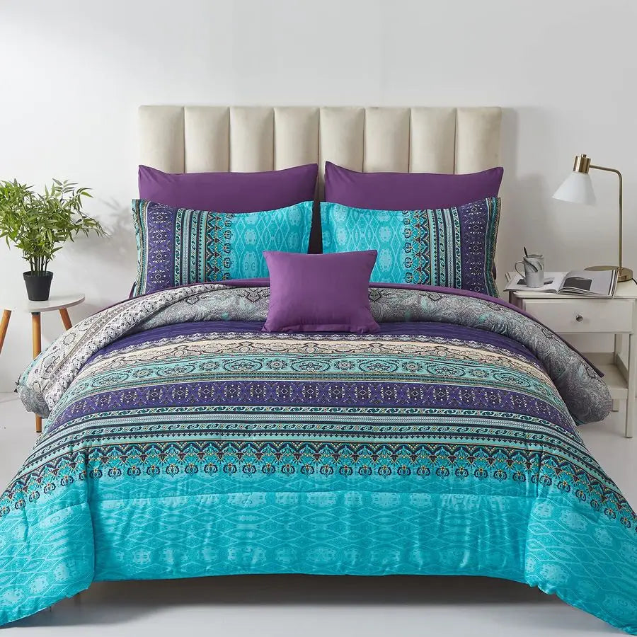 Boho Comforter Set Queen Size 8 Piece Bed in a Bag Bohemian Striped Bedding Quilt Set Aqua Paisley Floral Comforter and Sheet Se