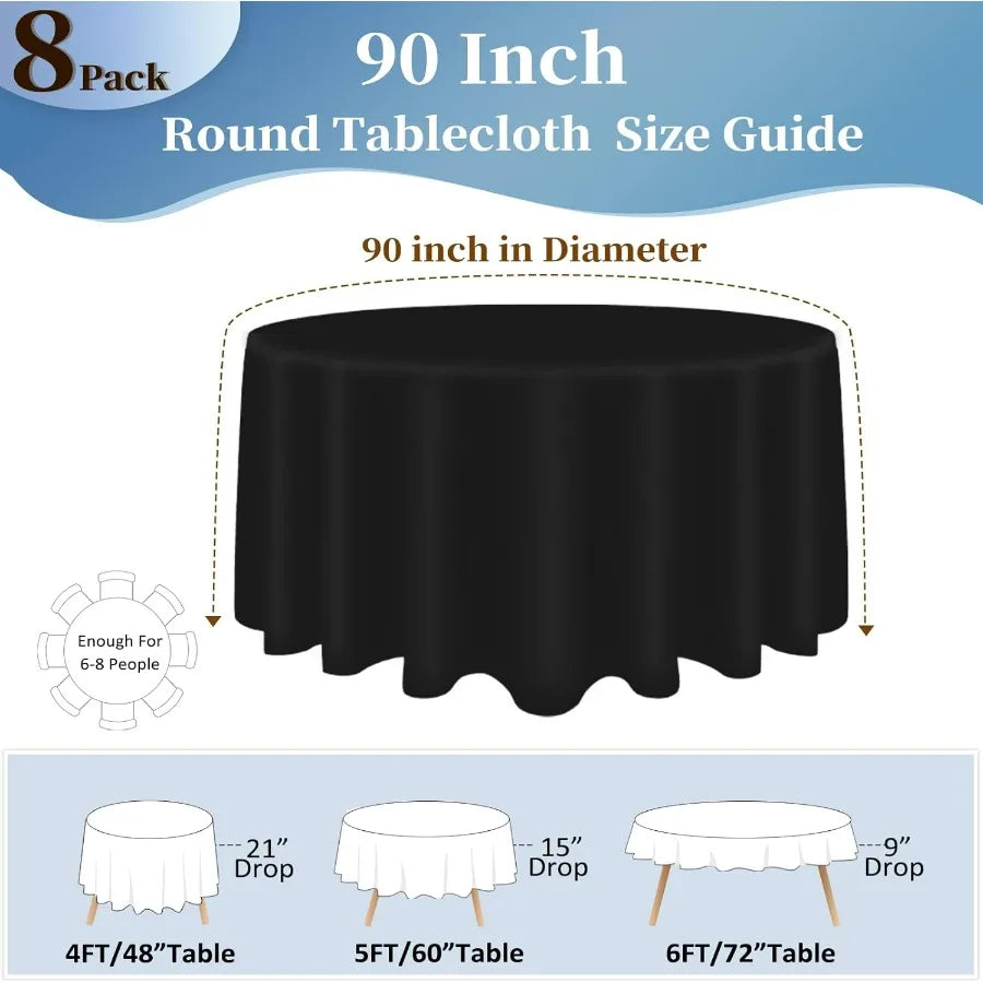 8 Pack Black Round Tablecloths 90 Inch Table Round Table Cloth, Wrinkle Resistant Washable Polyester Fabric Table Cloth Table Co