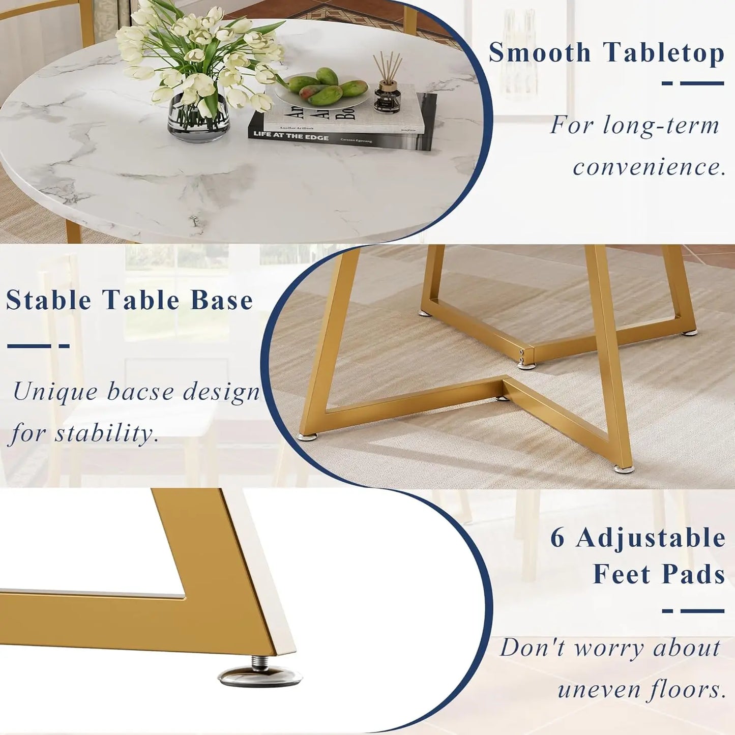 Small Round Dining Table Set for 2, Wood Top with Metal Frame, Modern Kitchen Breakfast Nook in White & Gold