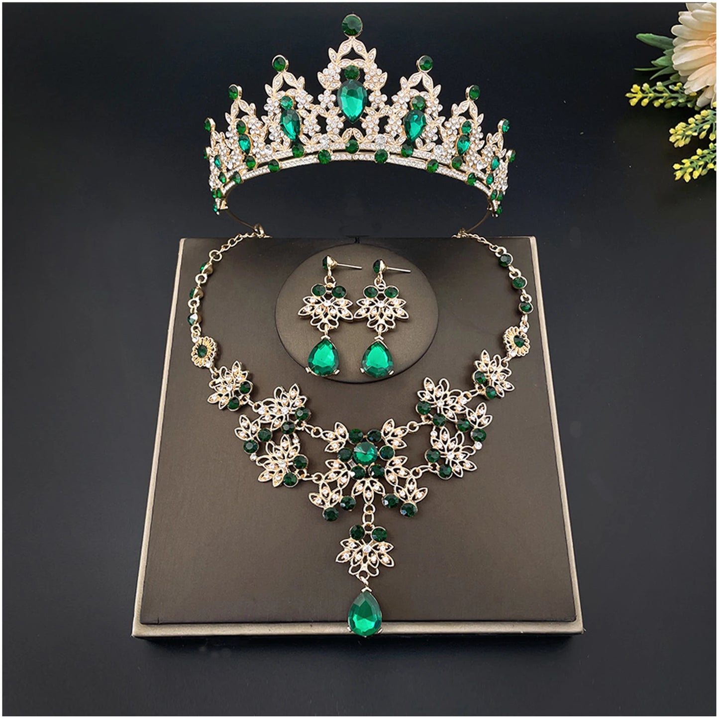 3-Pack Wedding Tiara Necklace Earrings Tiara Earrings Necklace Crystal Headband Dangle Earrings and Rings Sets for Bridesmaid