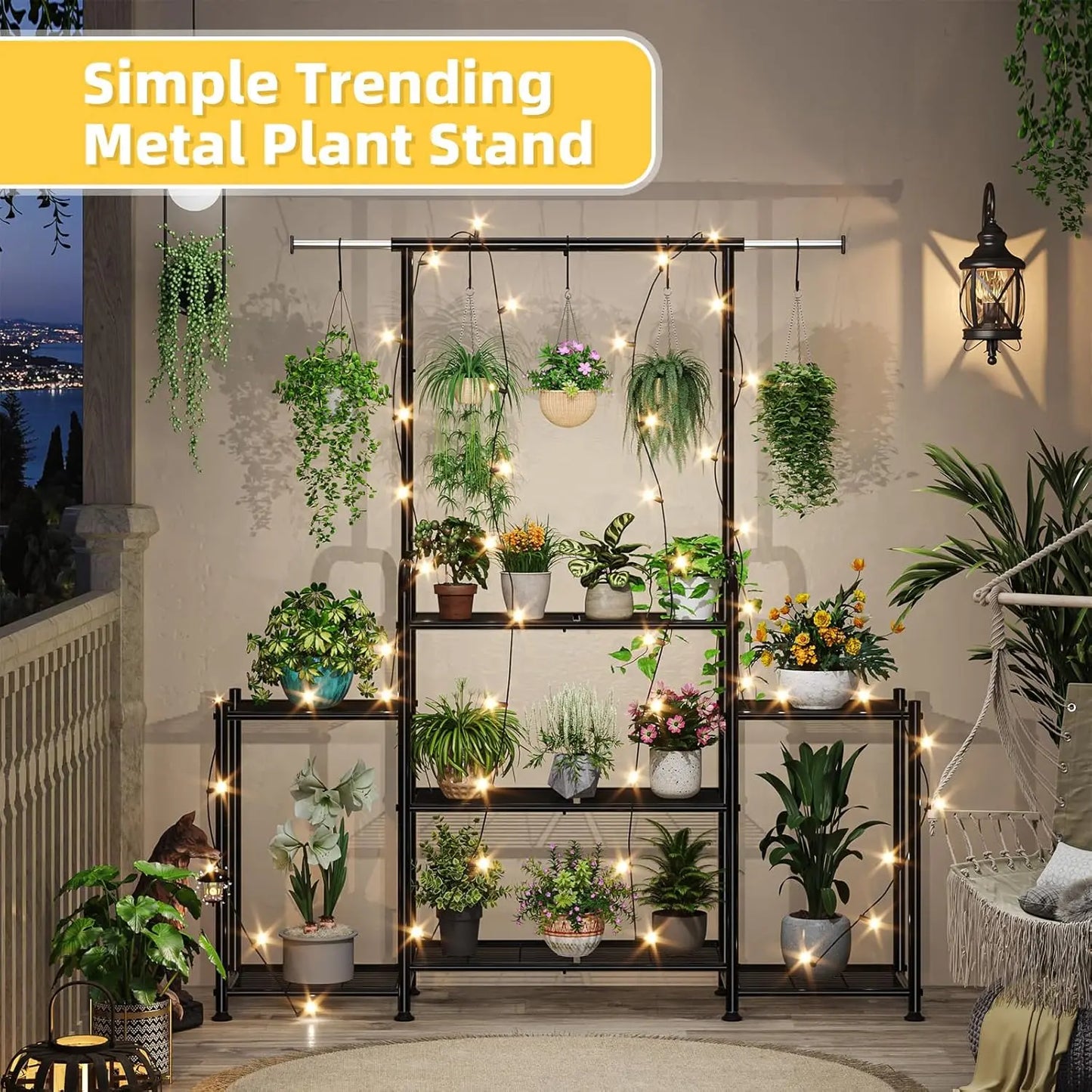 3-Tier Metal Plant Stand Indoor Outdoor, Expandable Hanging Shelf for Multiple Flower Pots, Heavy Duty Ladder Holder in Black