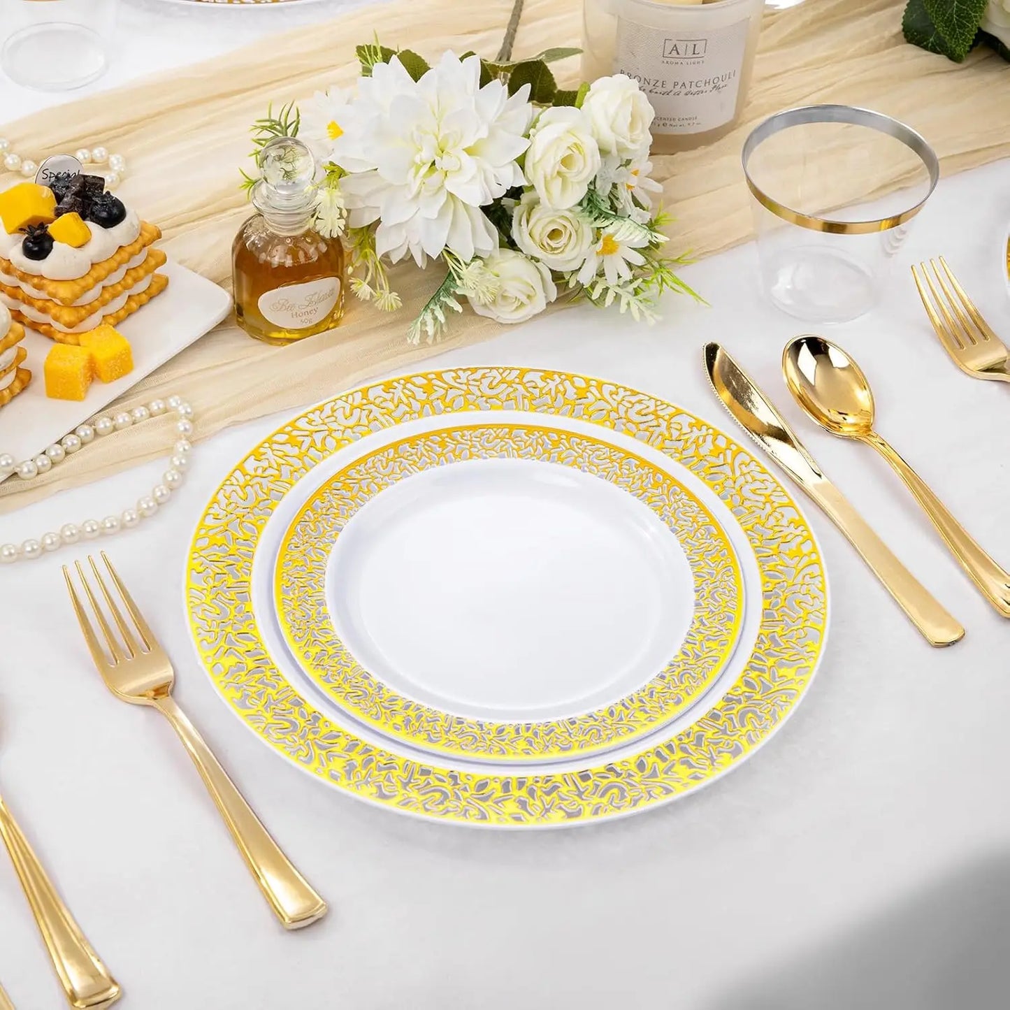 210Pcs Gold Plastic Dinnerware Set - Disposable Silverware, Cups, Plates for Party & Wedding