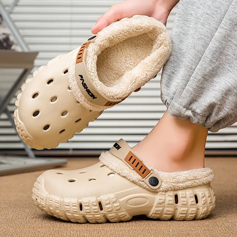 Unisex lined hole shoes, winter removable thick sole slippers with warm lining for outdoor use, thick and warm cold-proof
