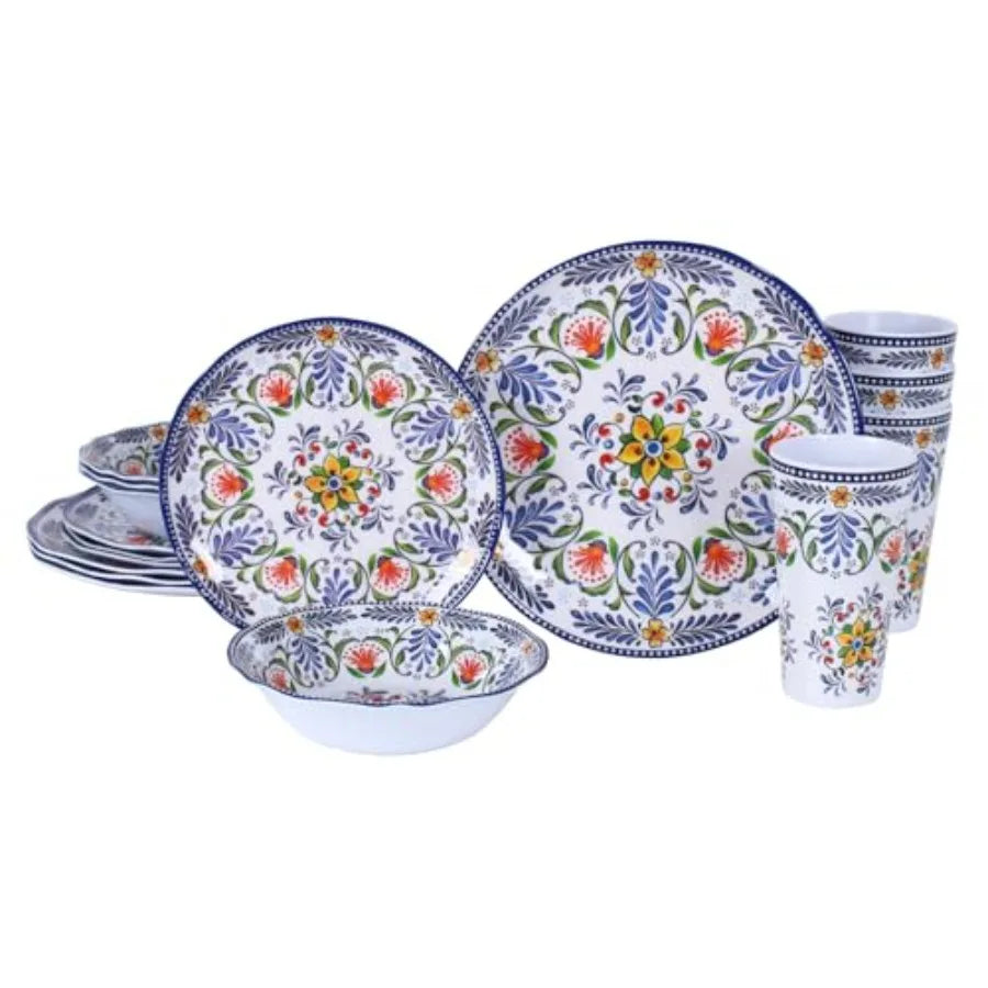 Melamine Dinnerware Set for 4-16 Pcs:Camping Dishes Set with Dinner PlatesSalad Plates Cups and Bowls.Lightweight and Unbreakab