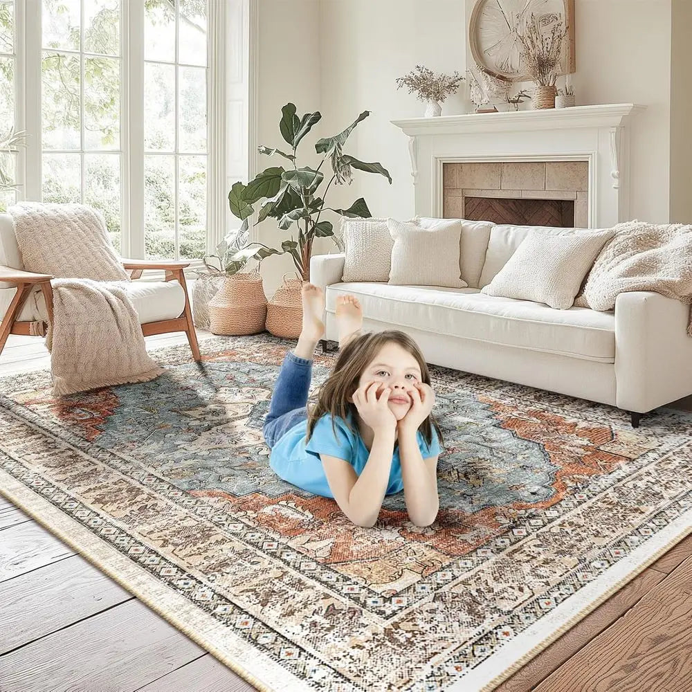 8x10 Ft. Washable Boho Area Rug, Non-Slip Vintage Distressed Carpet for Living Room, Dining, and Bedroom, Green Brick with Rust