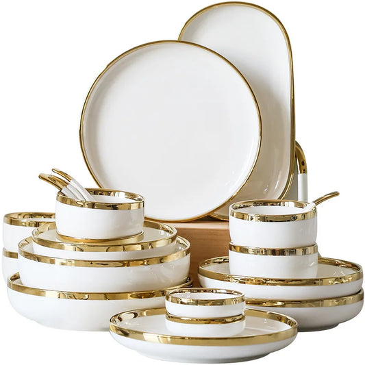 Nordic Style Gold Inlay Bright White Porcelain Dinner Sets Ceramic Bowl Dish Plates Set Porcelain Dinnerware For Household Hotel