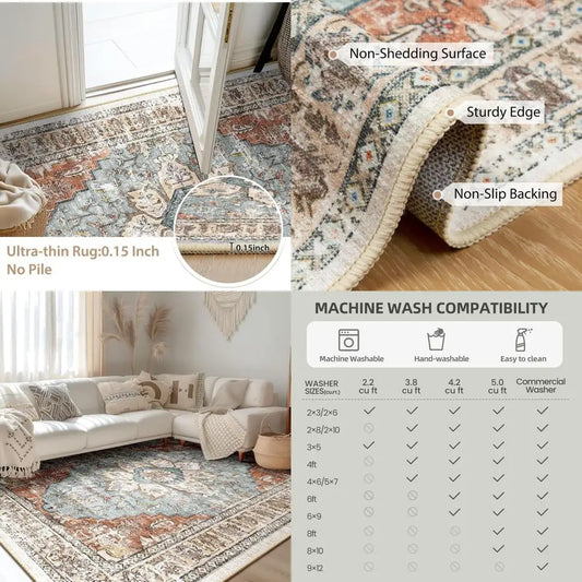 8x10 Ft. Washable Boho Area Rug, Non-Slip Vintage Distressed Carpet for Living Room, Dining, and Bedroom, Green Brick with Rust