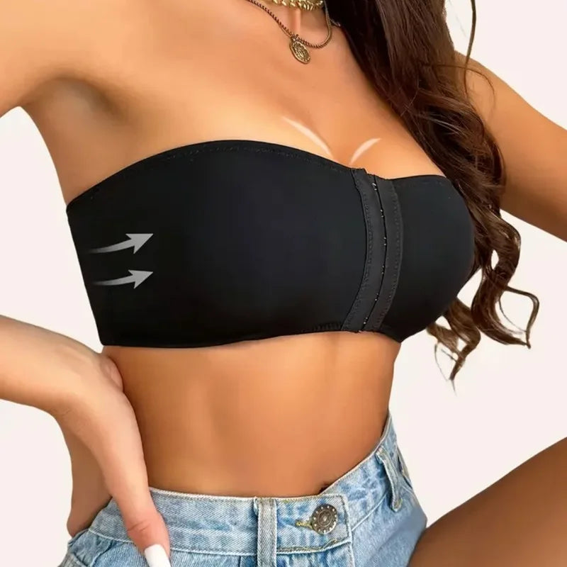 Women's Bra Black Front Buckle Removable Padded Wireless Soft Ice Silk Traceless Bra Strapless Underwear For Women Strapless Bra