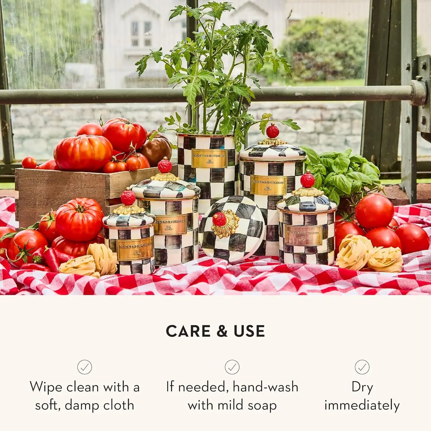 Large Enamel Canister for Kitchen Storage, 1.89L Black-White Check Design, Ideal for Flour and Sugar