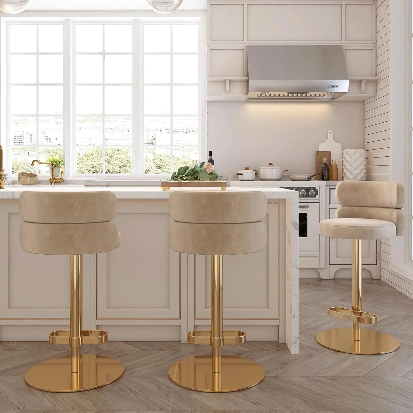 Modern  Single Velvet Upholstered Counter Stool with Gold Metal Leg and Foot Rest Premium Flannel Comfortable, Customized