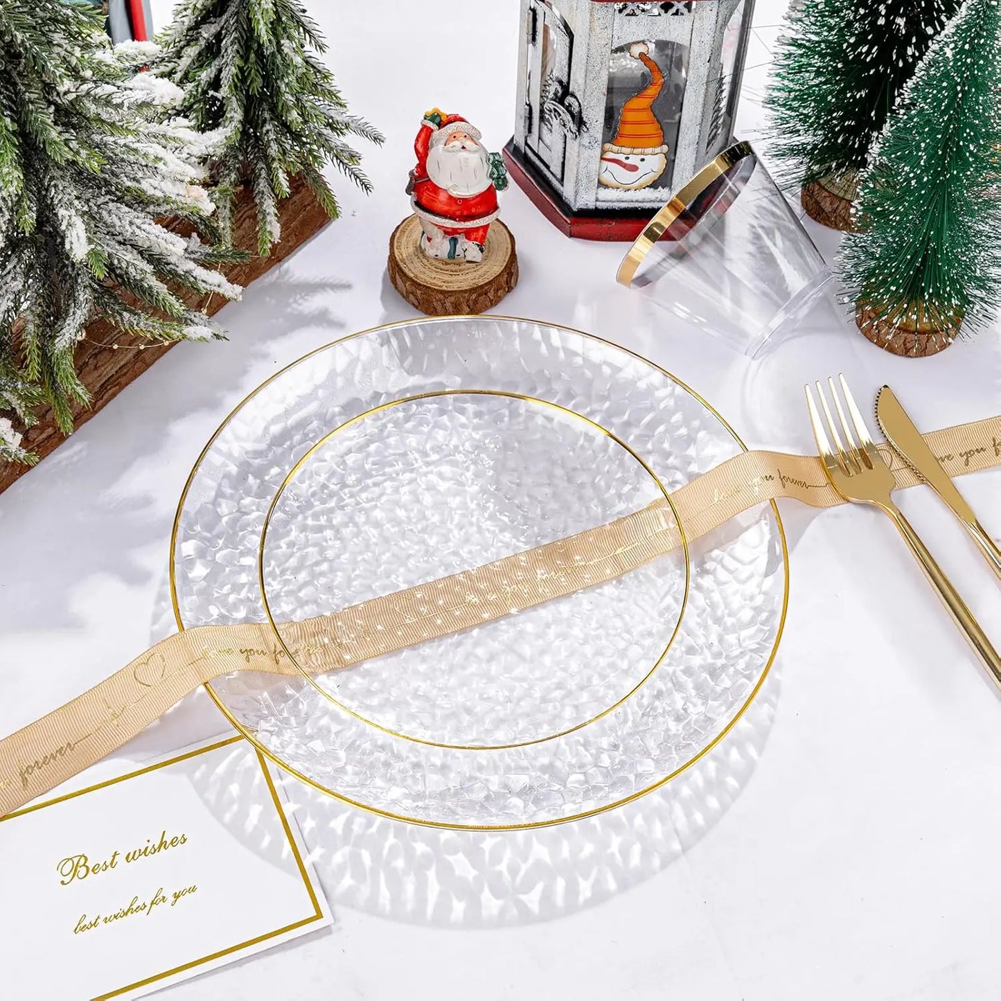 175 Pcs Clear Gold Plastic Dinnerware Set for 25 Guests, Hammered Party Plates with Cutlery and Napkins
