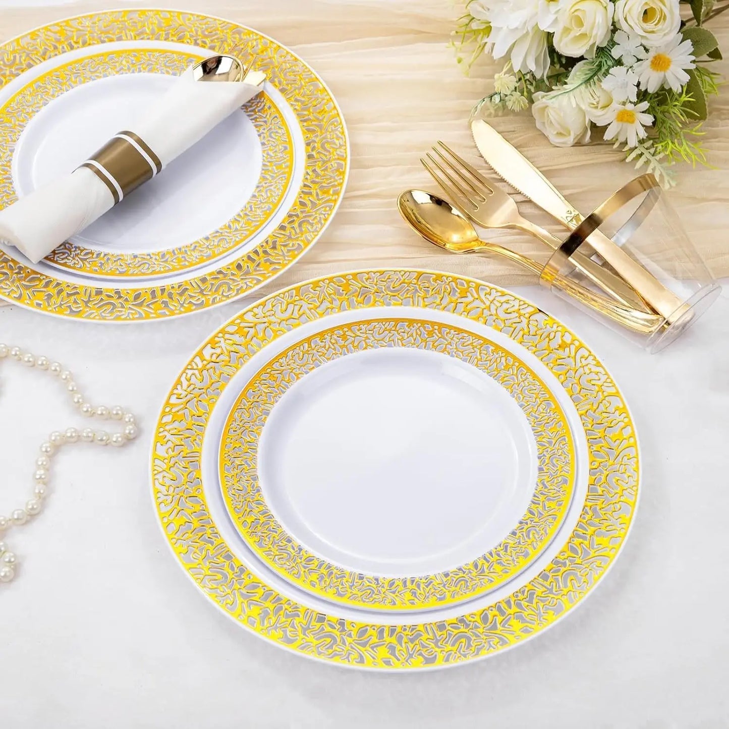 210Pcs Gold Plastic Dinnerware Set - Disposable Silverware, Cups, Plates for Party & Wedding