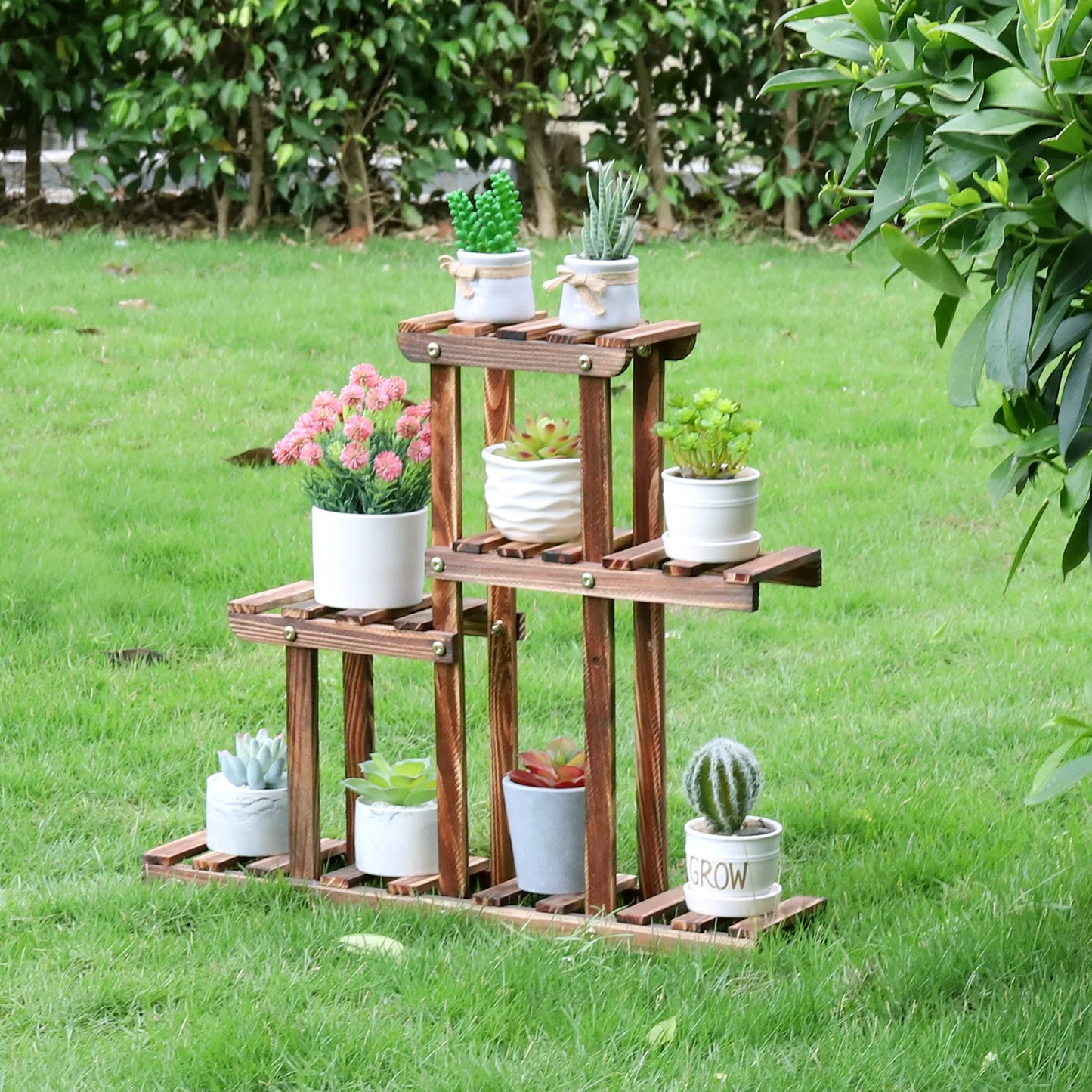 Carbonized Wood Plant Stand Multi Tier Succulent Rack Mini Desktop Plant Holder for Outdoor Balcony Garden