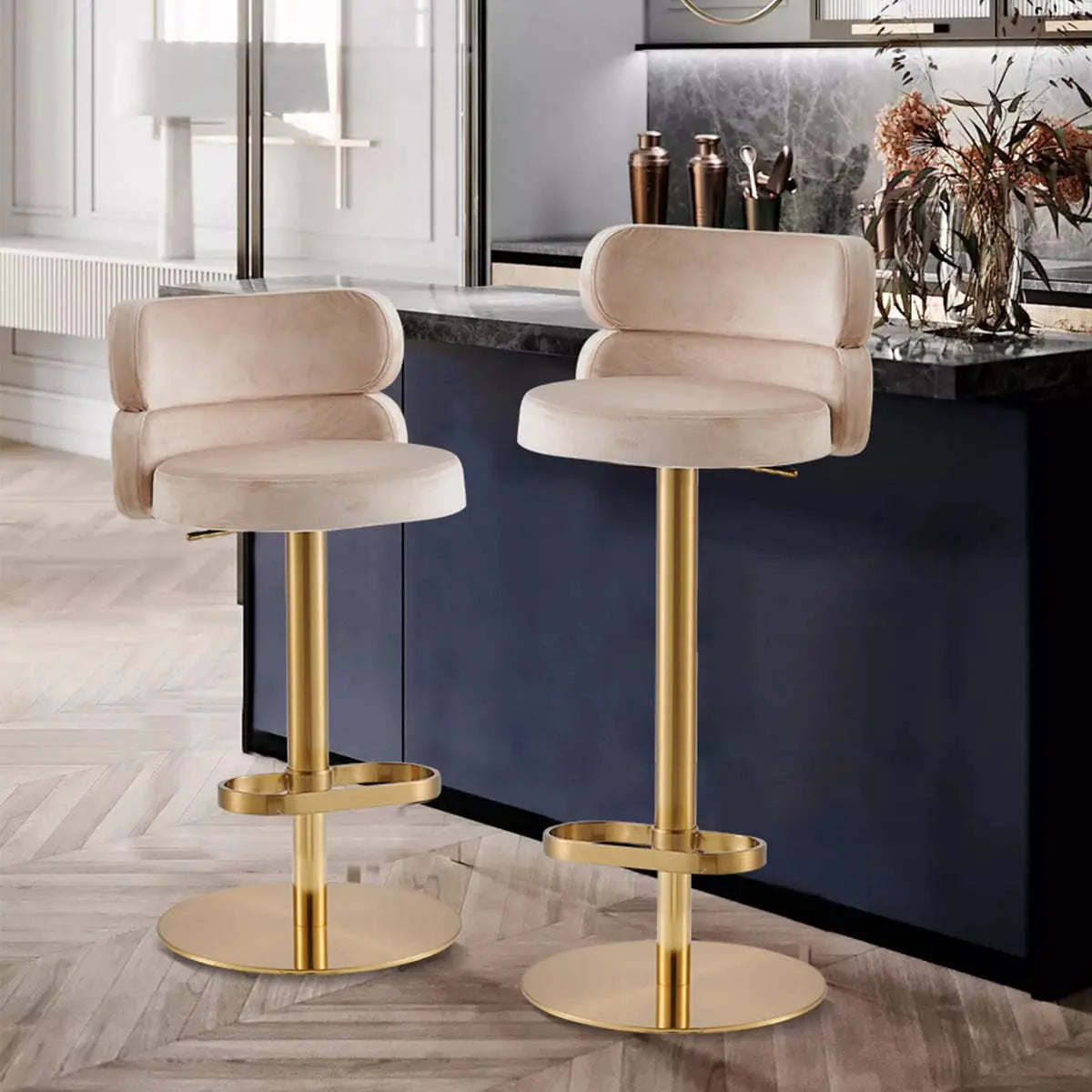 Modern  Single Velvet Upholstered Counter Stool with Gold Metal Leg and Foot Rest Premium Flannel Comfortable, Customized