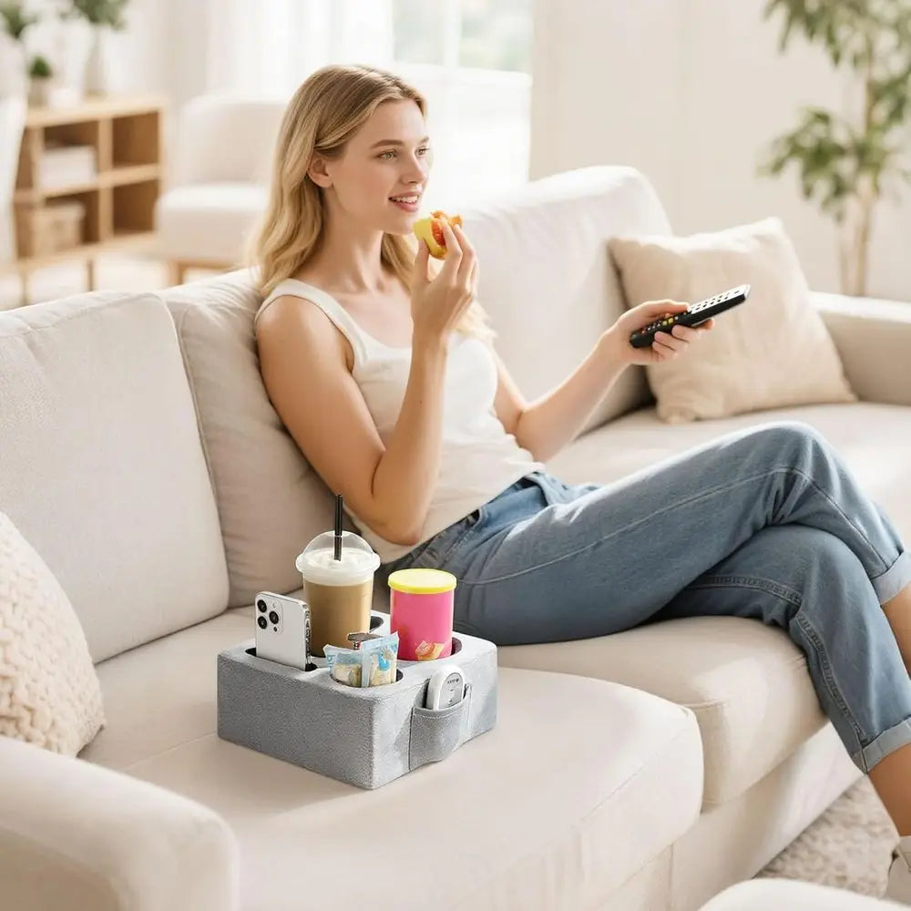 Couch Cup Holder Tray, Couch Cup Holder Pillow with 4 Holes, Side Pocket and Handle, Couch Caddy Pillow for Drinks/Remote Contro
