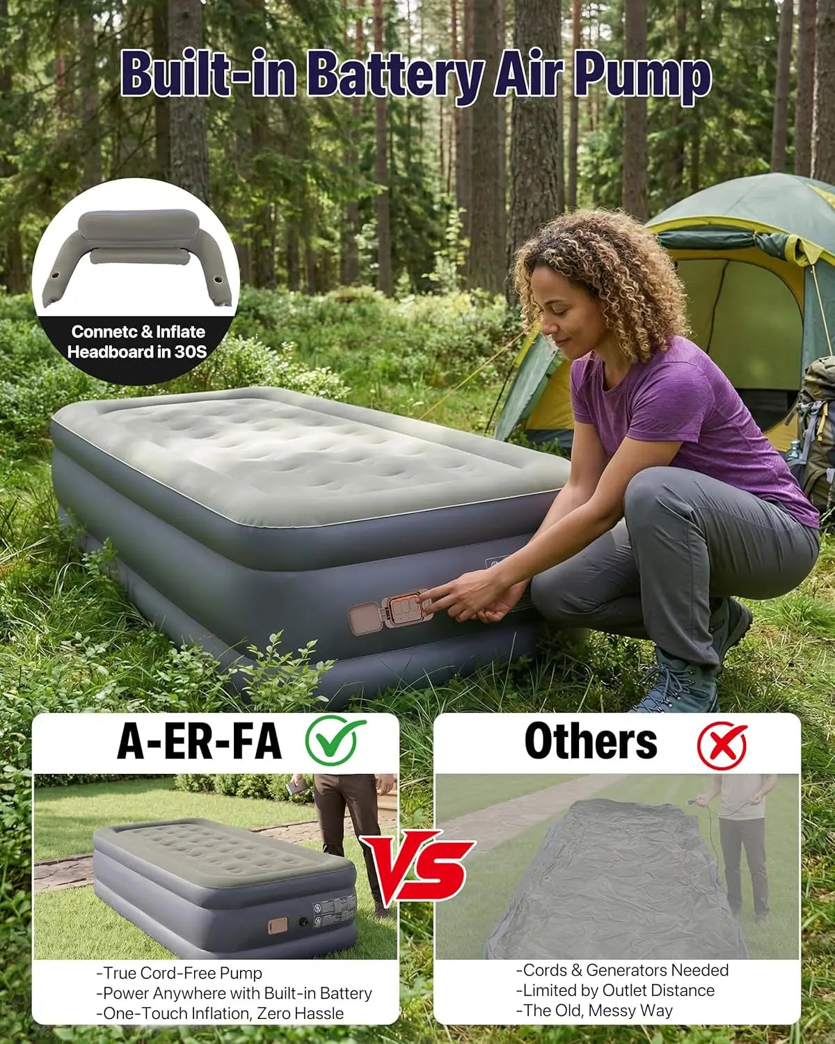 Twin Air Mattress with Built-in Pump, 20" Raised Inflatable Bed with Headboard & Cup Holders, Fast Inflation Blow Up Mattress