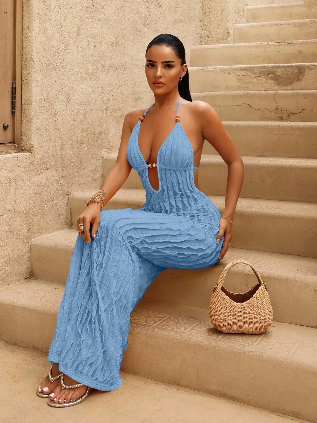 Women's Yellow Deep V Halter Neck Ruched Long Dress with Beaded Detail, Beach Vacation Style