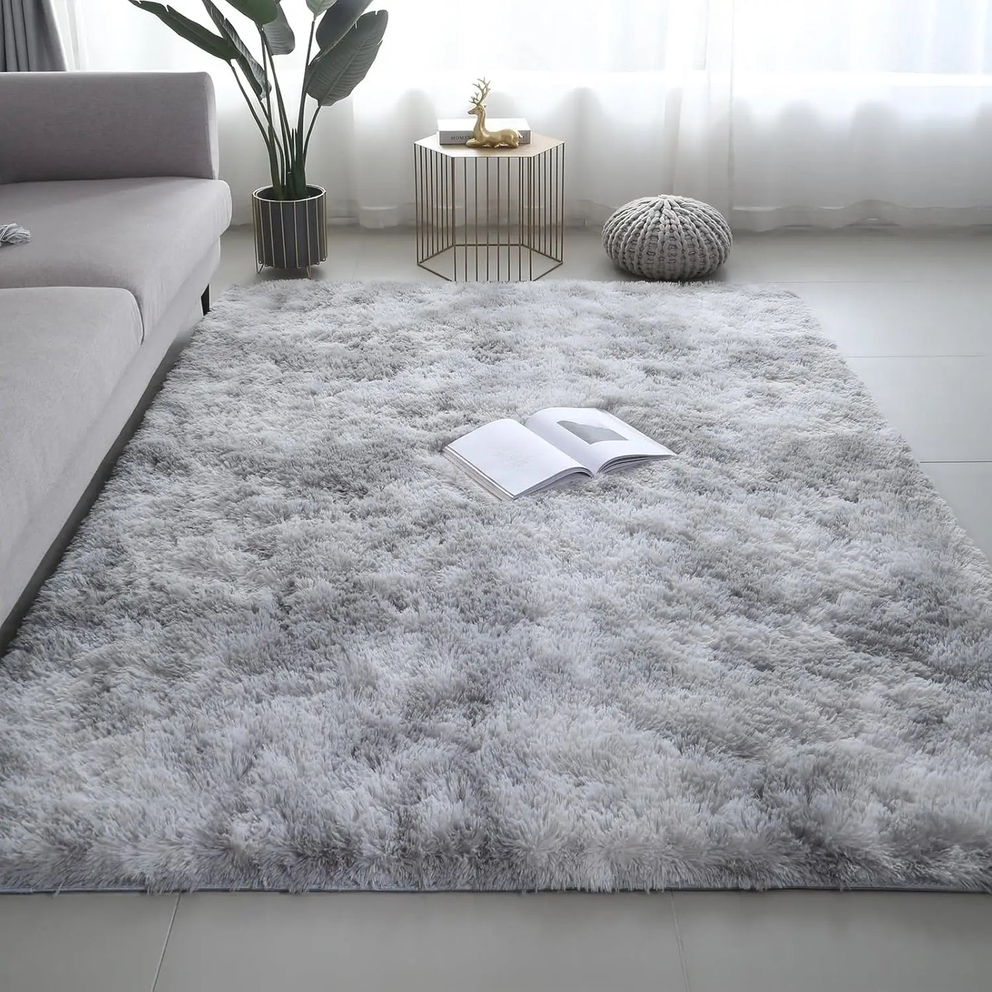 Ultra Soft Fluffy Shag Area Rug, 8x10 Tie-Dye Grey, Non-Slip Carpet for Bedroom Living Room Nursery Kids Girls Home Decor