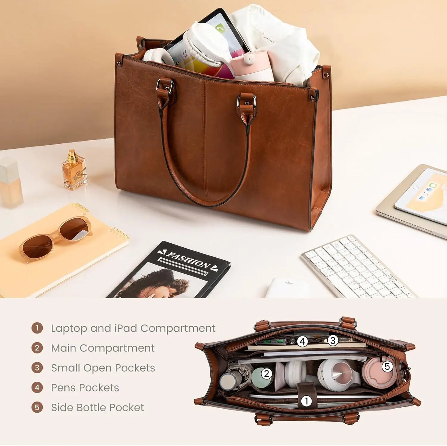 Vintage Leather Laptop Tote Bag for Women, 15.6 Inch Large Capacity Work Computer Shoulder Handbag in Dark Brown