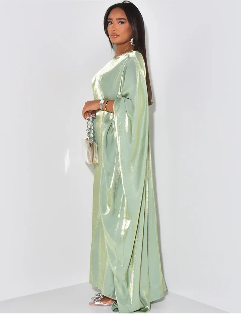 BWQ Women Loose O-neck Full Batwing Sleeve Long Maxi Dress Summer Satin Vintage Africa Streetwear Vestido Evening Dresses