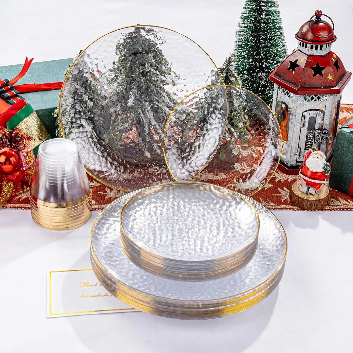 175 Pcs Clear Gold Plastic Dinnerware Set for 25 Guests, Hammered Party Plates with Cutlery and Napkins