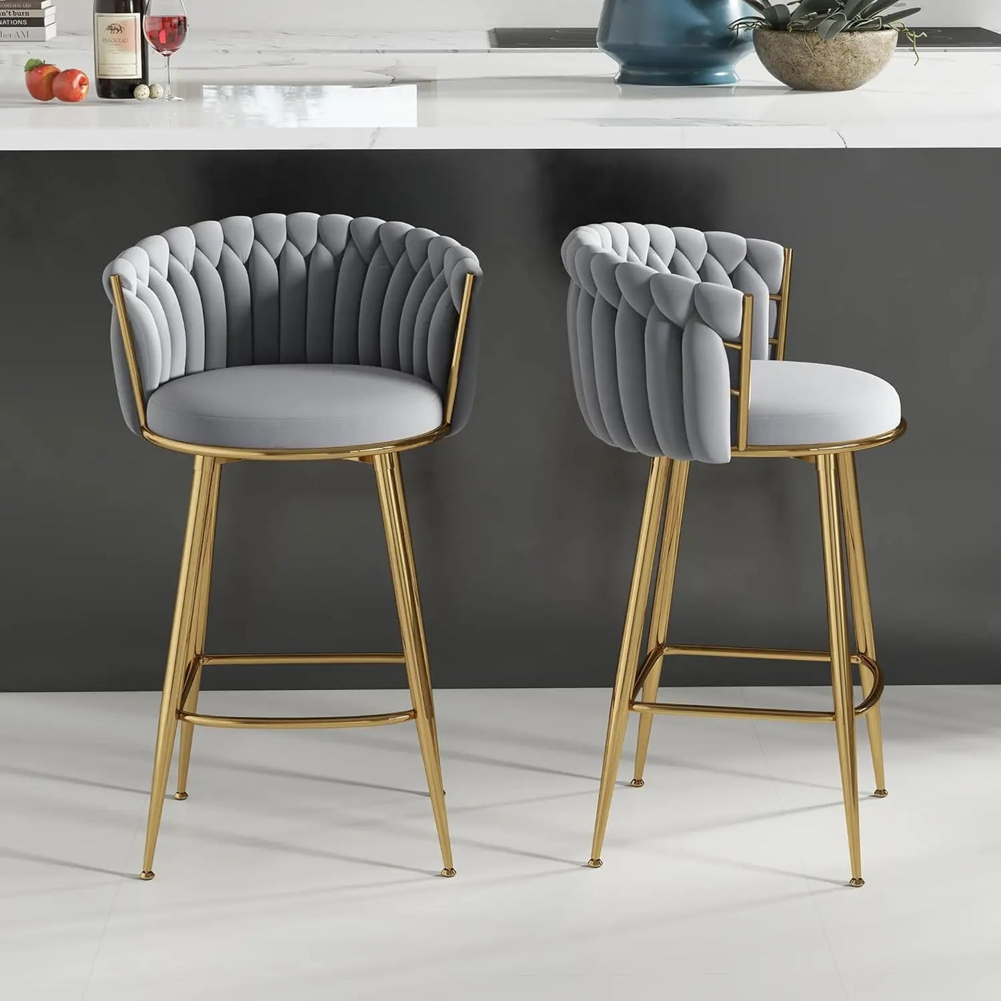 Gold Bar Stools Set of 2, Velvet Hand-Woven Barstools, Seat Height 27″ Counter Stools with Upholstered Backrest, Modern Luxuriou