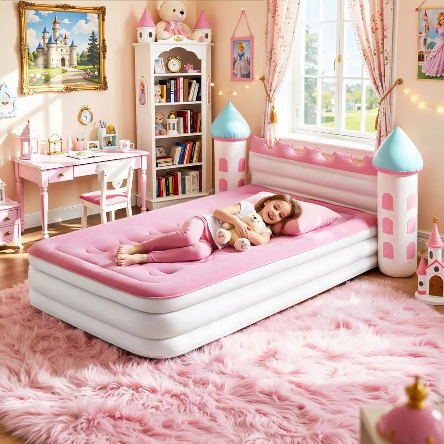 Inflatable Kids Bed, Pink Castle Toddler Travel Bed with Electric Air Pump, Kids Blow Up Mattress with Portable Storage Bag, Ki