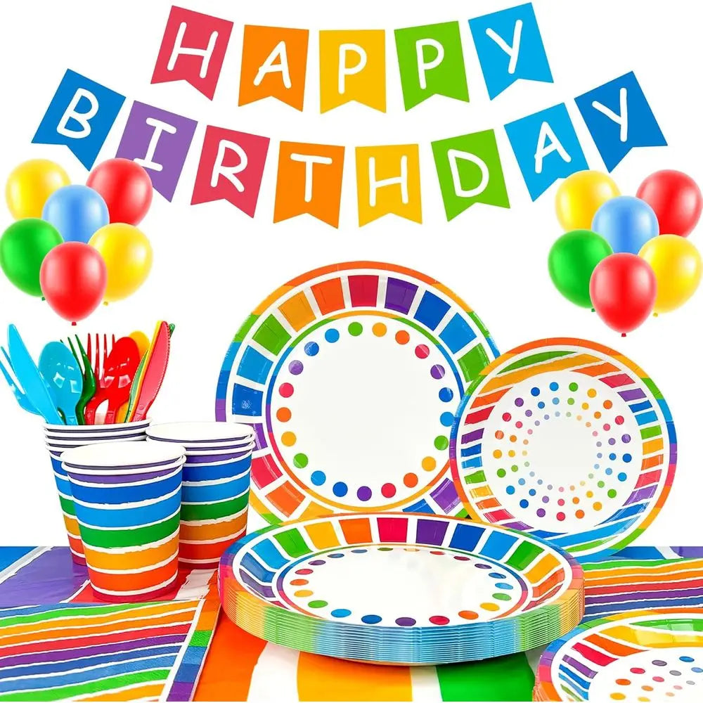 166pcs Rainbow Birthday Party Decorations 20 Guests Colorful Party Tableware Set, Rainbow Party Plates Napkins Cups Balloons Ban