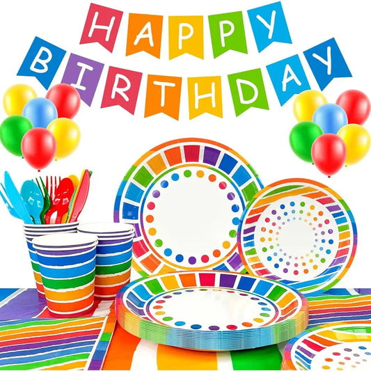166pcs Rainbow Birthday Party Decorations 20 Guests Colorful Party Tableware Set, Rainbow Party Plates Napkins Cups Balloons Ban