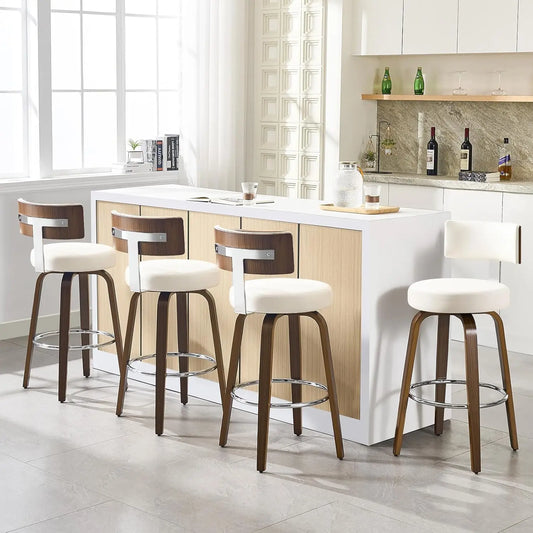 Swivel Counter Height Bar Stools Set of 4, Faux Leather Kitchen Stools Upholstered Barstools with Back, Walnut Wood, Customized