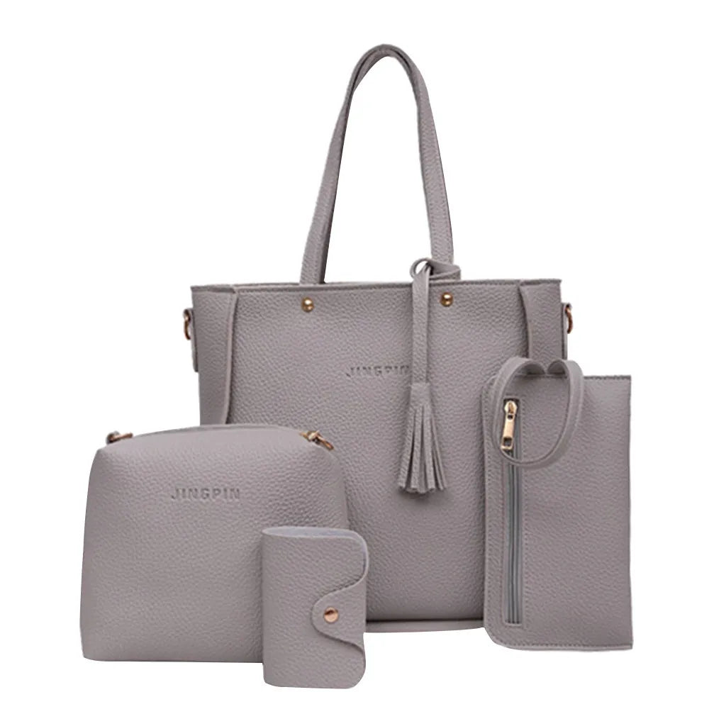 New 2024 New Large Capacity Lychee Pattern Handbags Women'S European And American Retro Fashion Tassel Four-Piece Women'S Bag