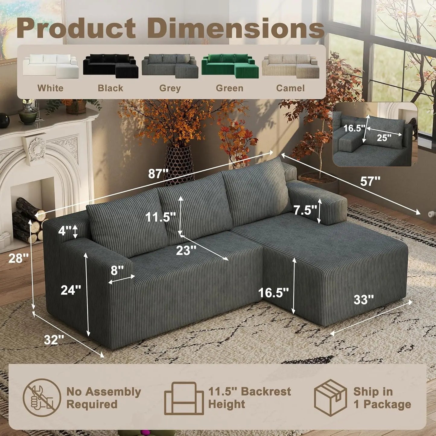 Boneless Couch with L Shaped Chaise, Sectional Cloud Sofa with High Backrest, Corduroy Memory Foam Couch, No Assembly Cloud