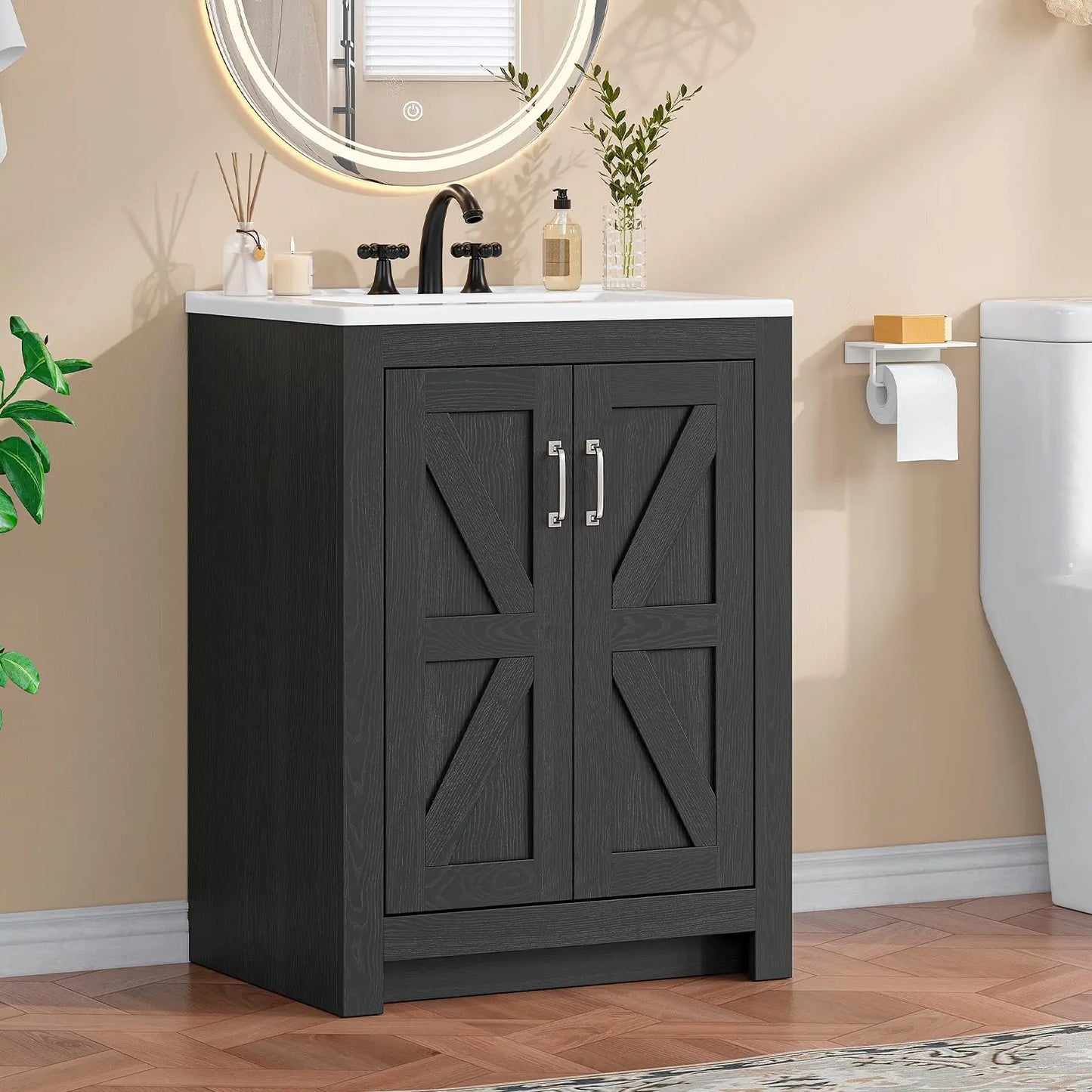 Farmhouse Bathroom Vanity with Sink, Freestanding Bathroom Vanities with Ceramic Basin & Soft-Close Door, Wood Cabinet