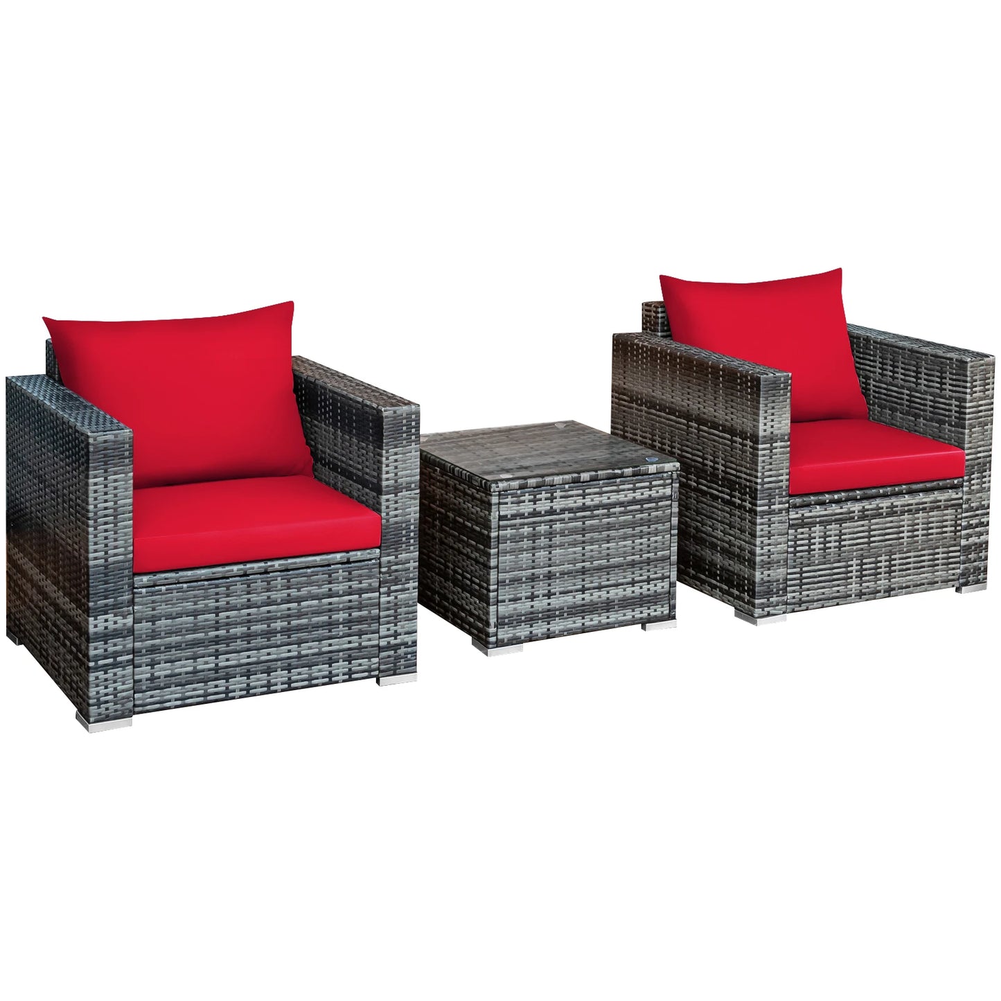 3 PC Patio Rattan Furniture Bistro Set Cushioned Sofa Chair Table Red