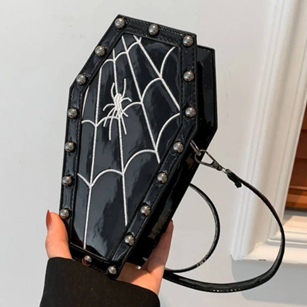 Women Coffin Satchel Purse Strap Adjustable Gothic Coin Purse PU Leather Spider Coffin Bag Y2K Cellphone Bag Halloween Candy Bag