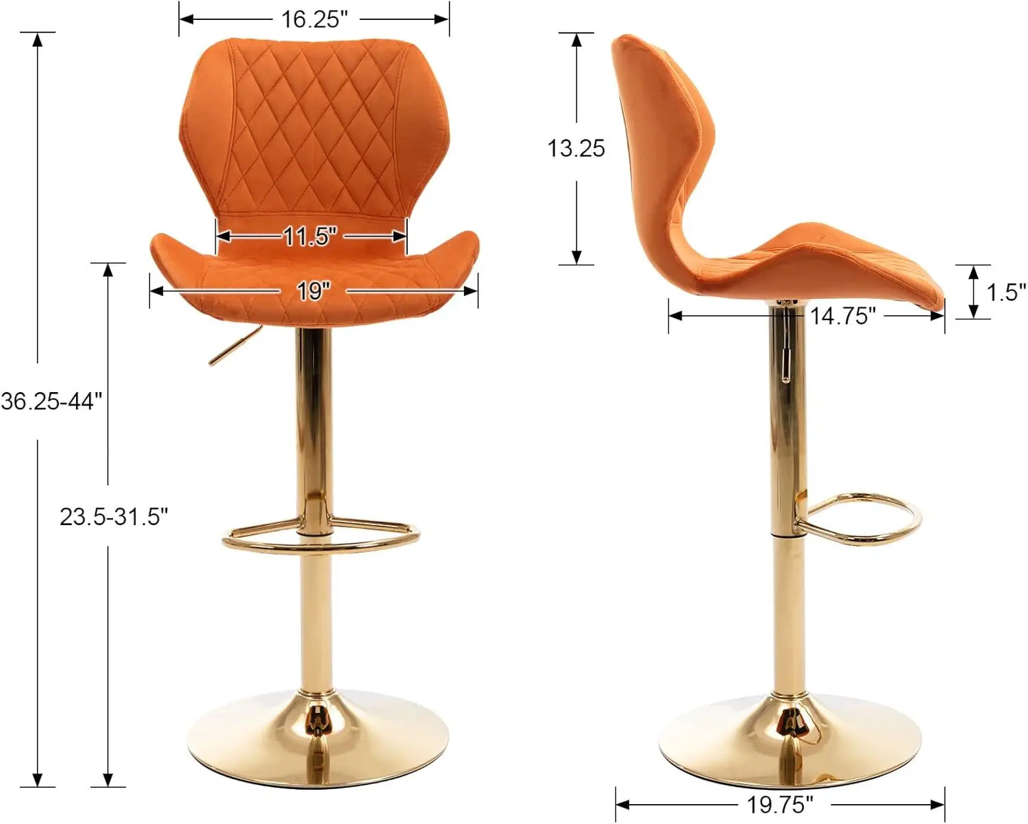 Swivel Adjustable Bar Stools Set of 2 Modern Gold Counter Height Bar Chairs for Kitchen Island Velvet Tall Barstools with Bac