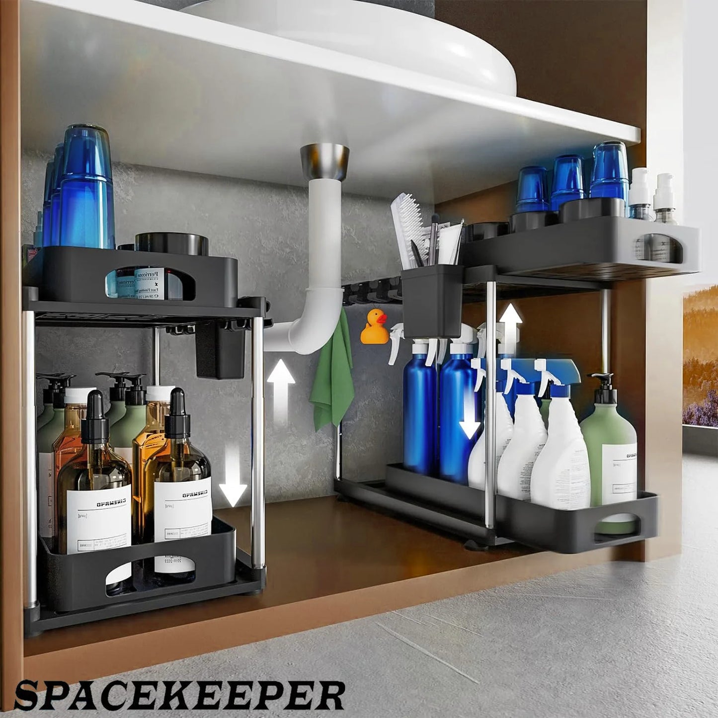 2 Pack Under Sink Organizers and Storage, 2 Tier Height Adjustable Countertop Organizer for Kitchen Bathroom Laundry