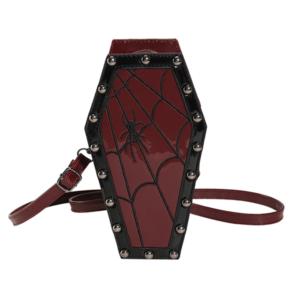 Women Coffin Satchel Purse Strap Adjustable Gothic Coin Purse PU Leather Spider Coffin Bag Y2K Cellphone Bag Halloween Candy Bag